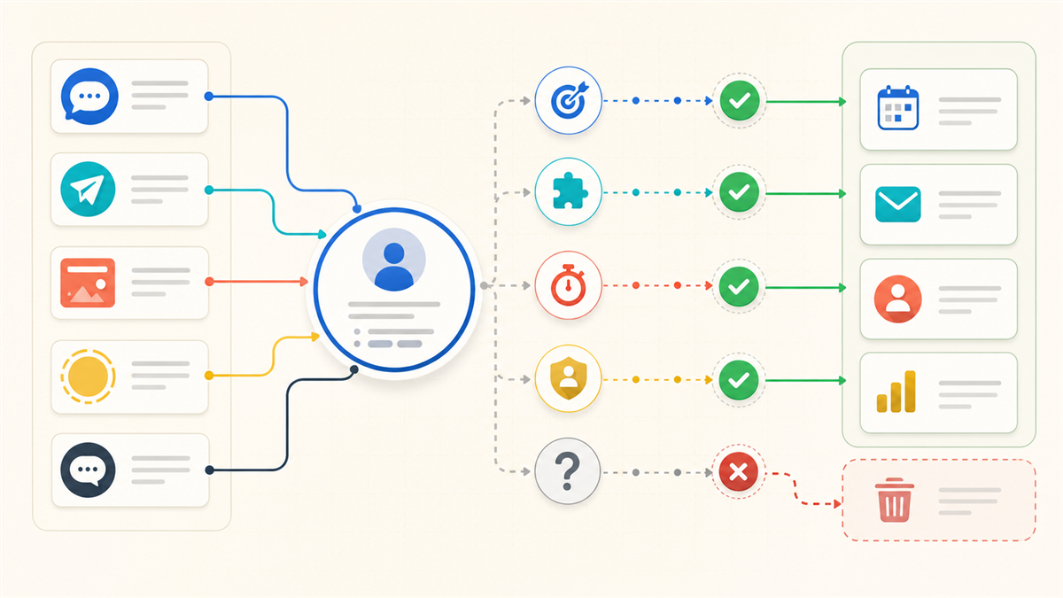 Social lead qualification signal map connecting comments, direct messages, ads, and story replies to useful next actions.