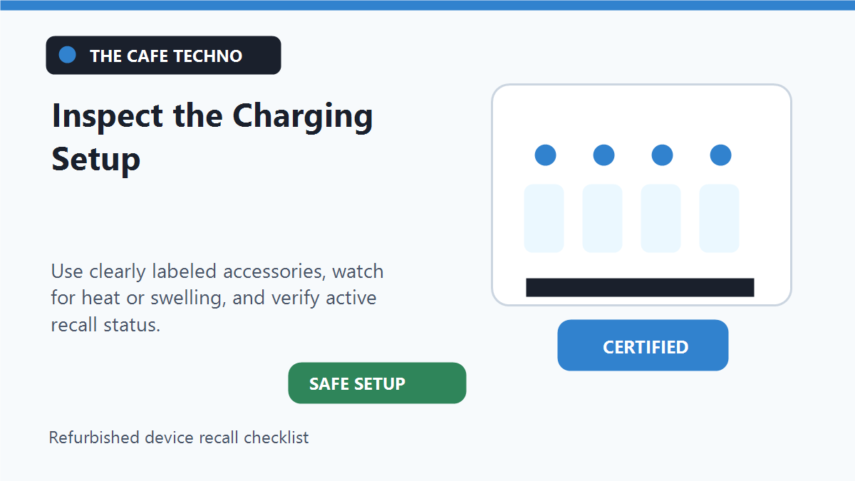 A home tech device charging station with multiple devices plugged into a certified power strip emphasizing safe charging environments